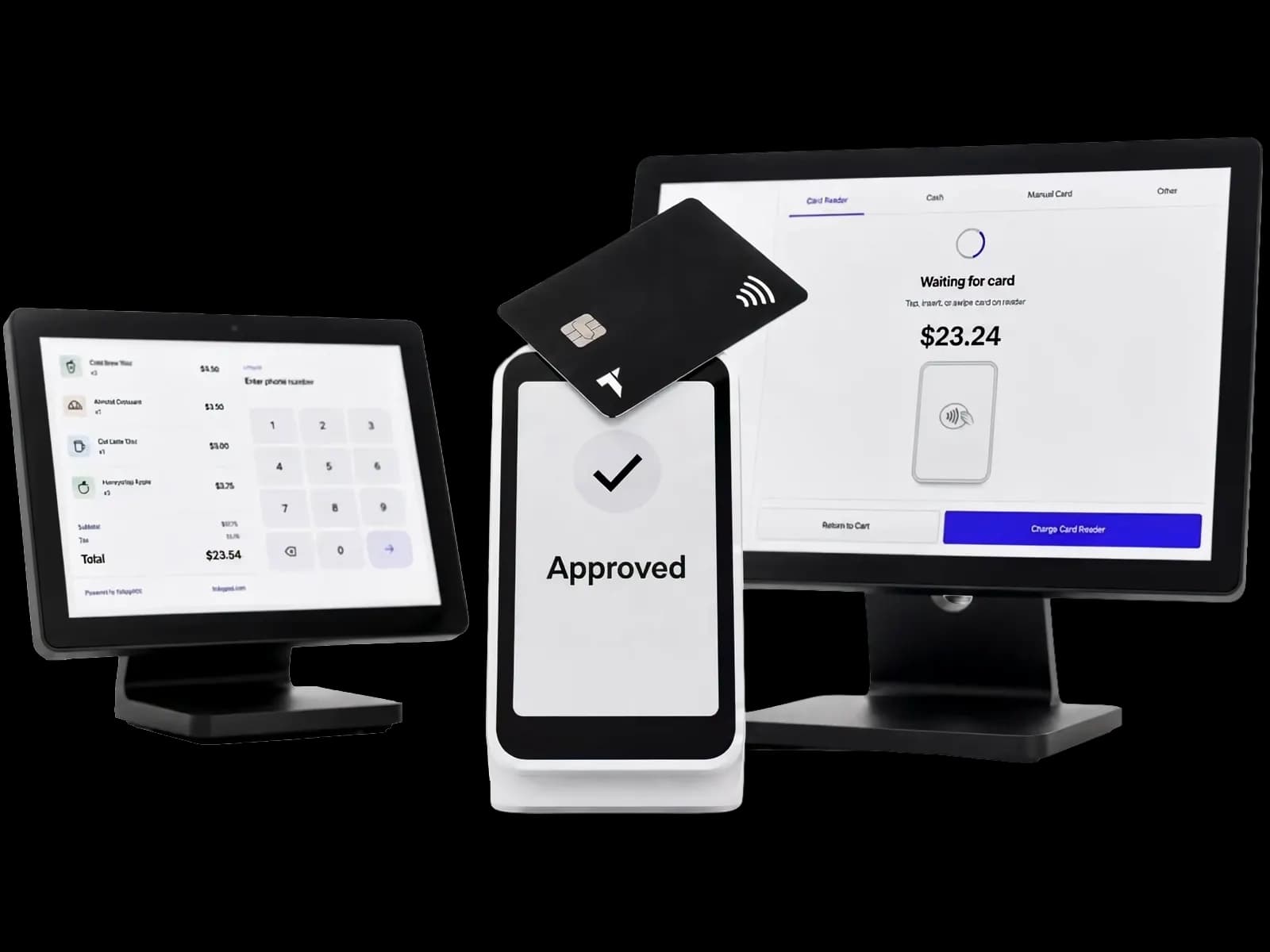 Trilogy POS hardware — customer display, tap-to-pay terminal, and POS monitor